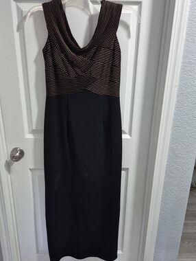 Sleeveless Black Maxi Dress with Brown Striped Bodice